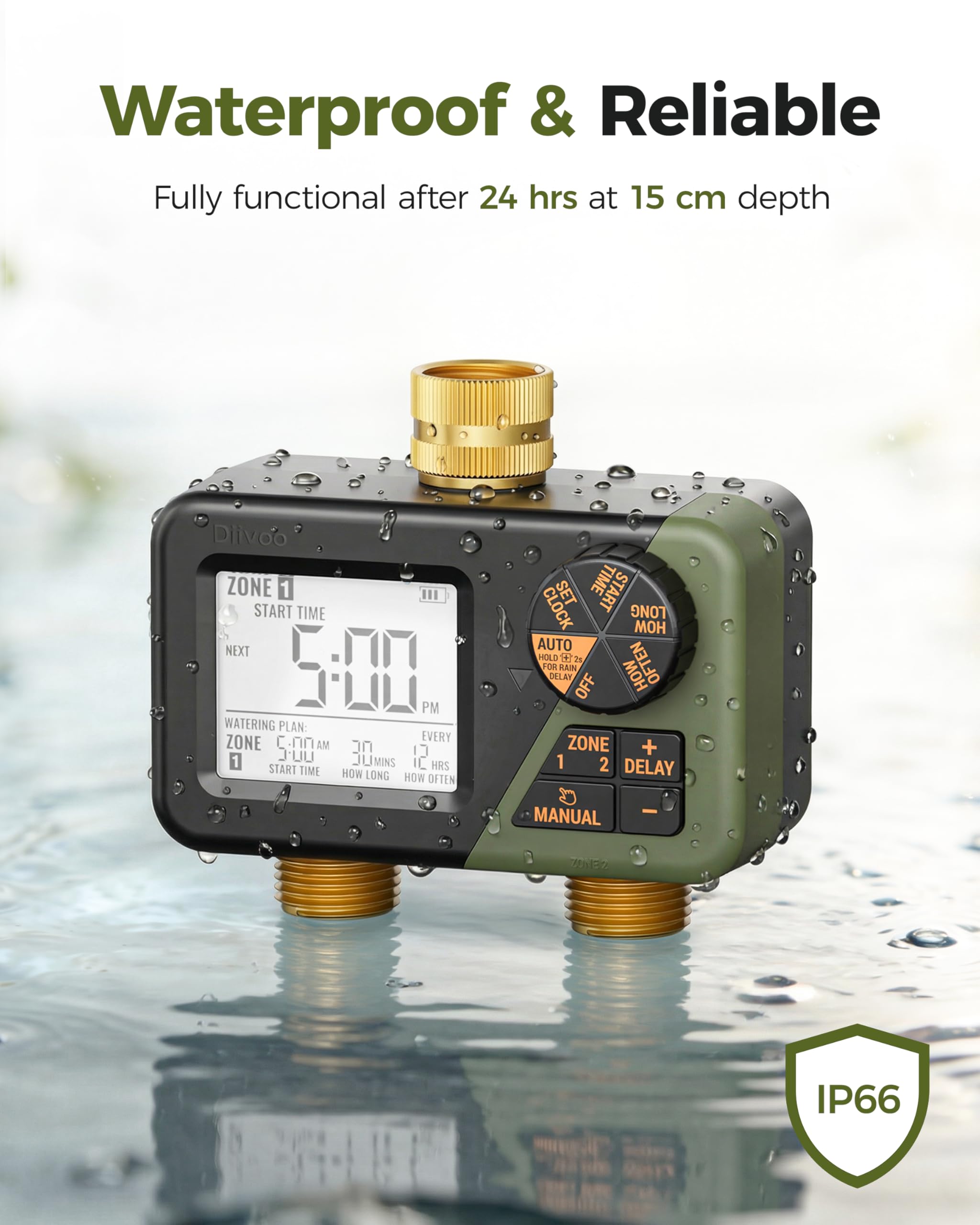 Diivoo rain delay feature helps skip watering during rain.