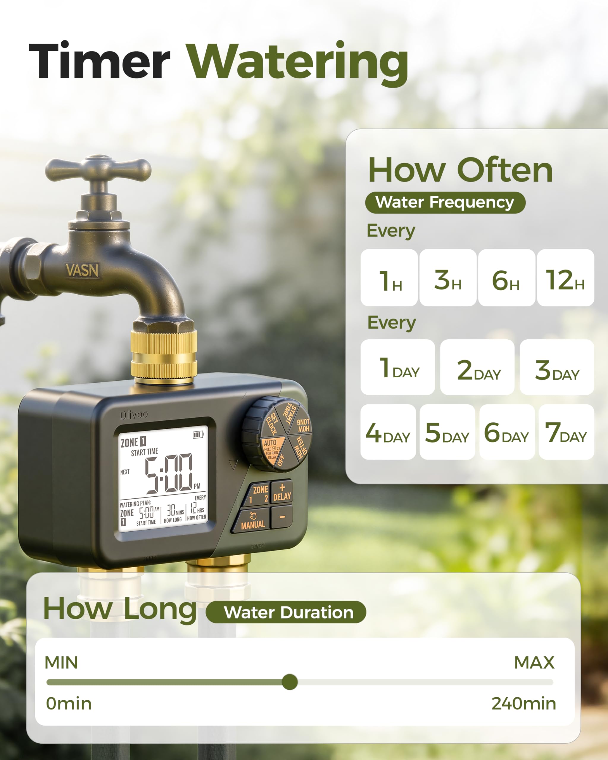 Diivoo brass sprinkler timer zone 1 setup for customized irrigation.