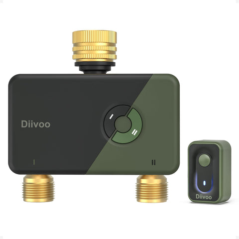Diivoo Brass WiFi Sprinkler Timer front view highlighting durable brass body for outdoor use.