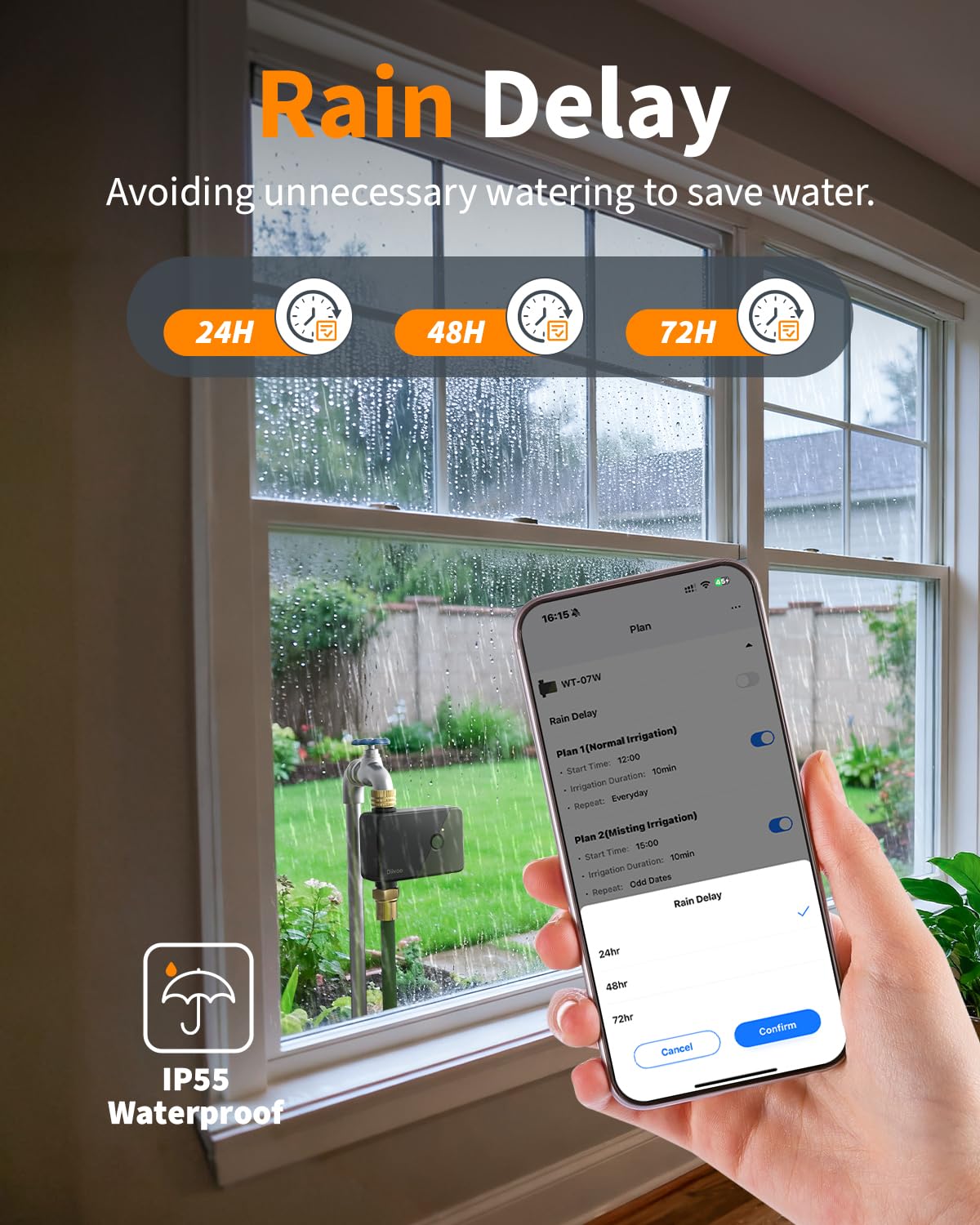 Diivoo rain delay feature preview for water savings.