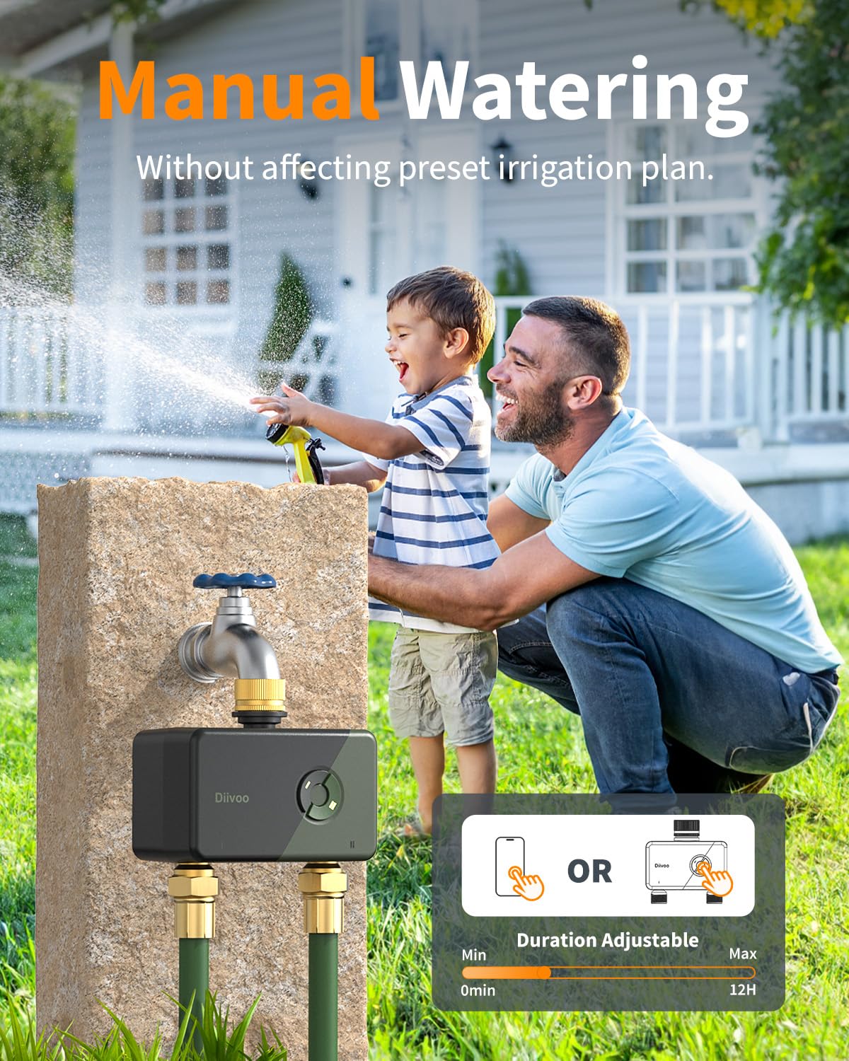 Diivoo Two-zone setup diagram illustrating independent schedules for lawn and beds.