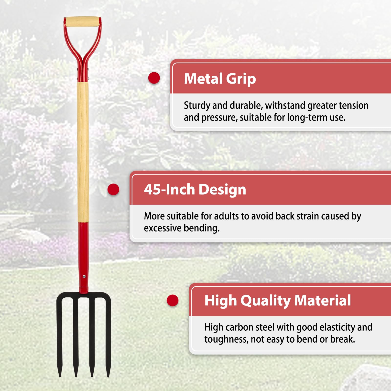 Dikuyeel garden fork wooden handle provides secure, comfortable grip.