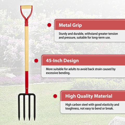 Dikuyeel garden fork wooden handle provides secure, comfortable grip.