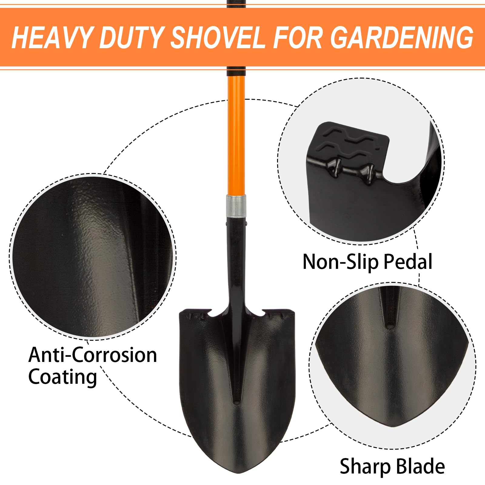 Dikuyeel shovel with non-slip tread for secure footing during digging