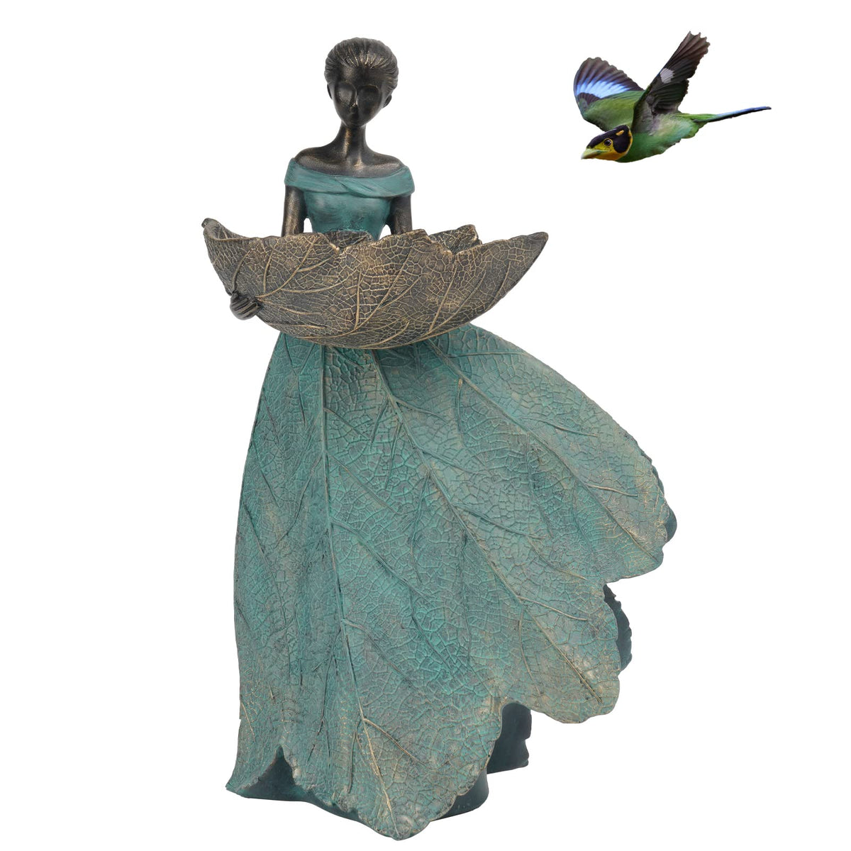DiliComing fairy garden statue bird feeder in green enhances outdoor charm and habitat for birds.