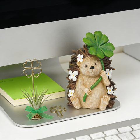 DiliComing hedgehog with daisy accents enhances fairy garden decor