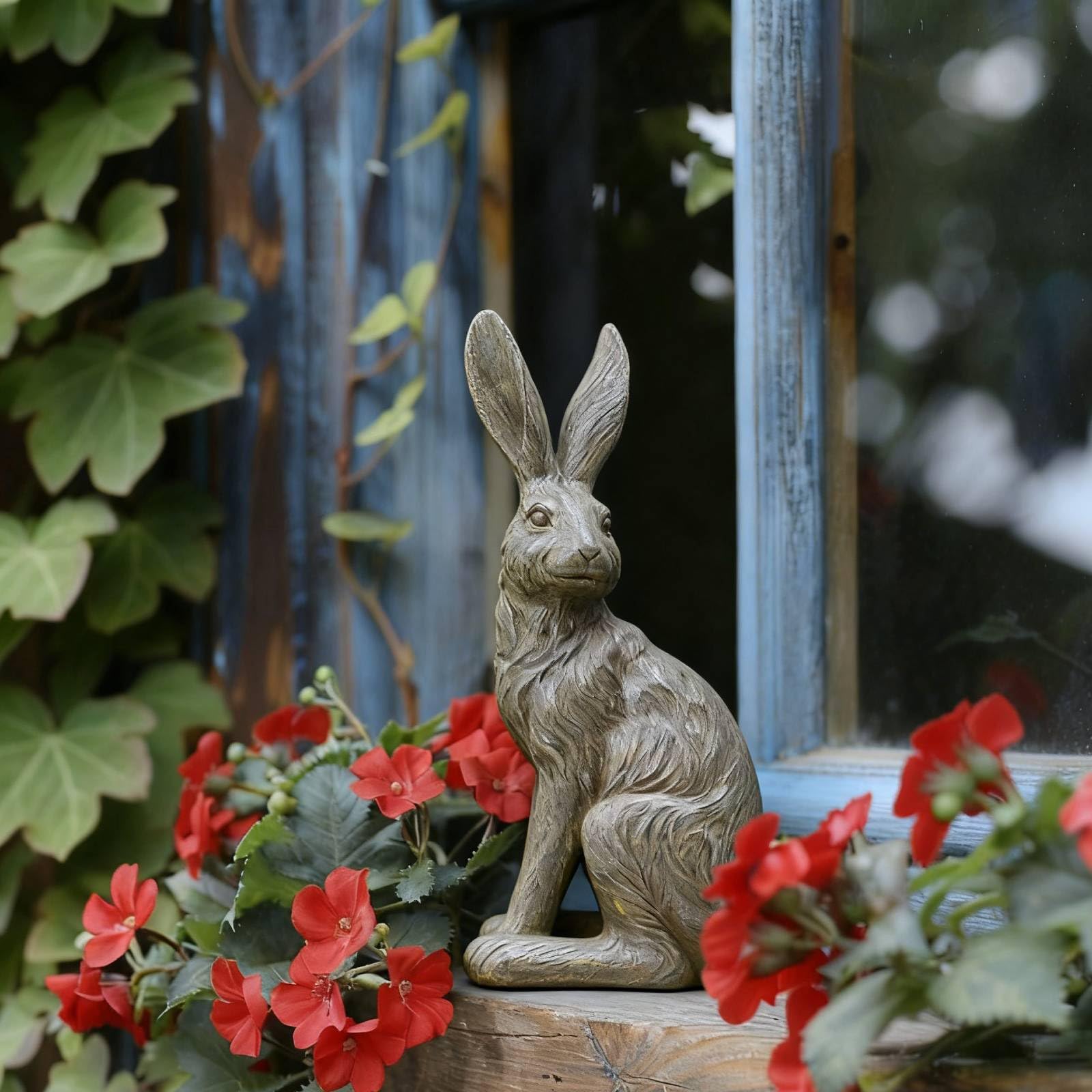 DiliComing patio bunny statue in gray complements stone or wood textures.