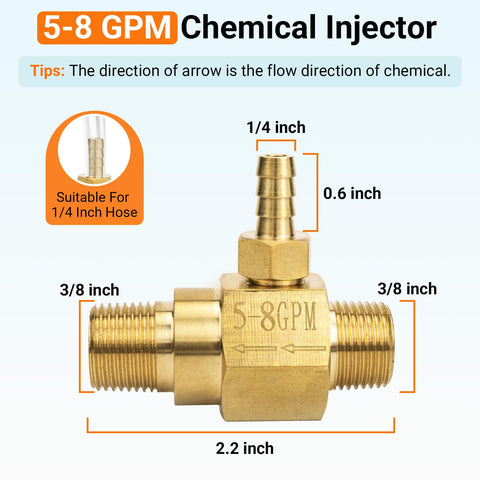 Dimakung chemical injector connection showing 3/8 inch NPT-M threading for secure installation.