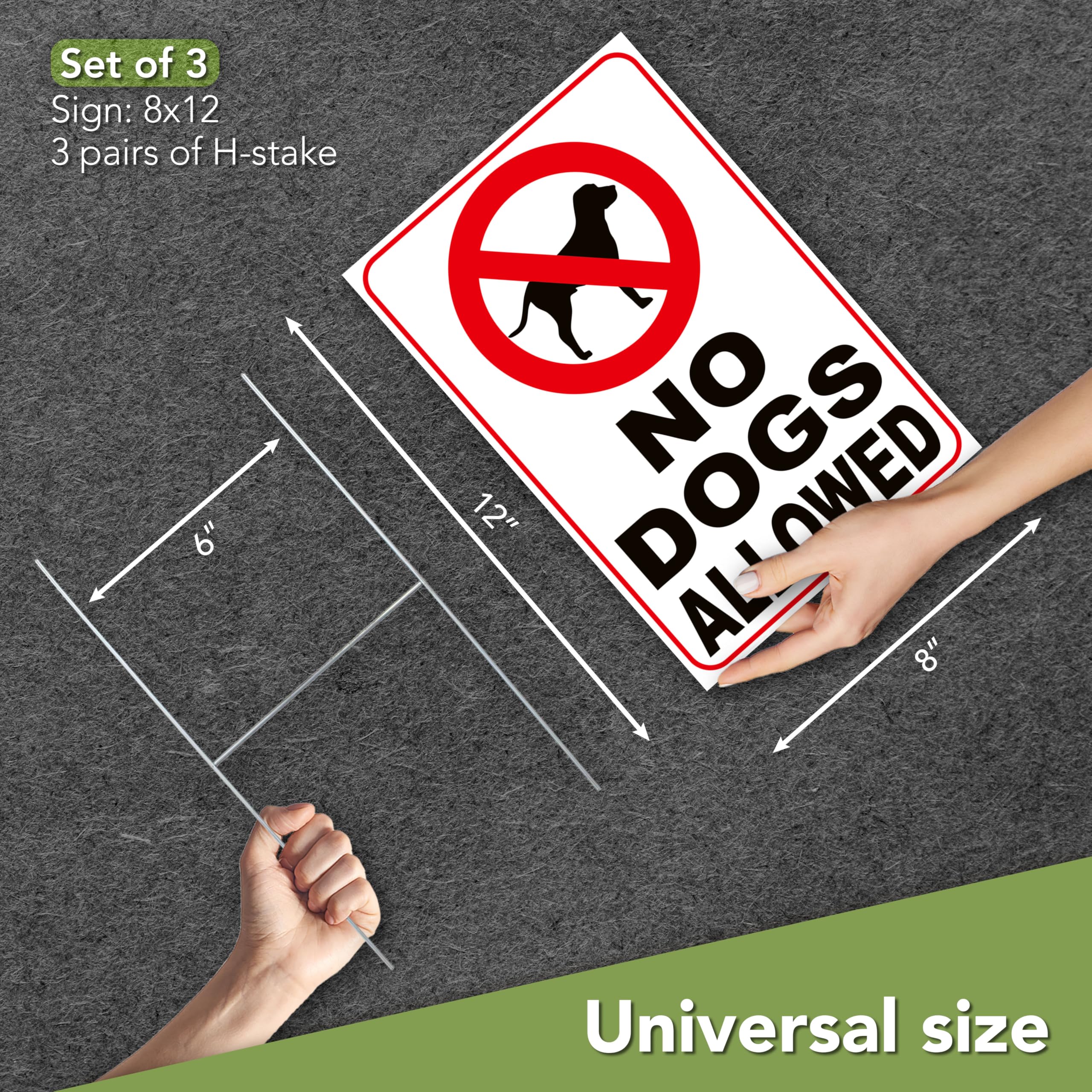 DIMARONGTON no-dogs-allowed sign 8x12 mounted on ground stakes for quick setup.