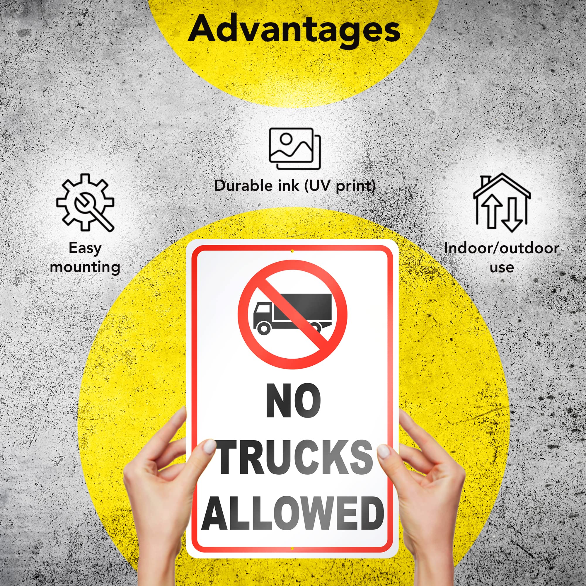 DIMARONGTON no-trucks sign with pre-drilled holes for quick mounting.