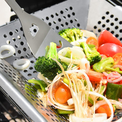 DIMESHY grill basket holding shrimp for quick, mess-free grilling and easy turning