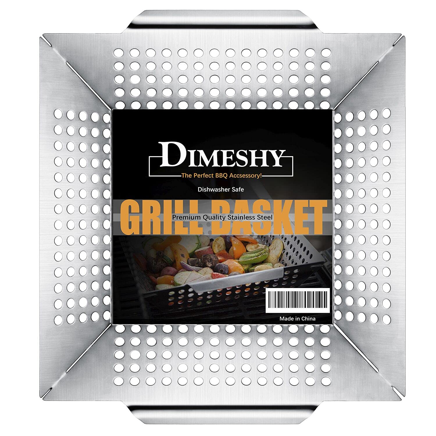DIMESHY 12-inch grill basket with vegetables on the grate for even, flavorful cooking