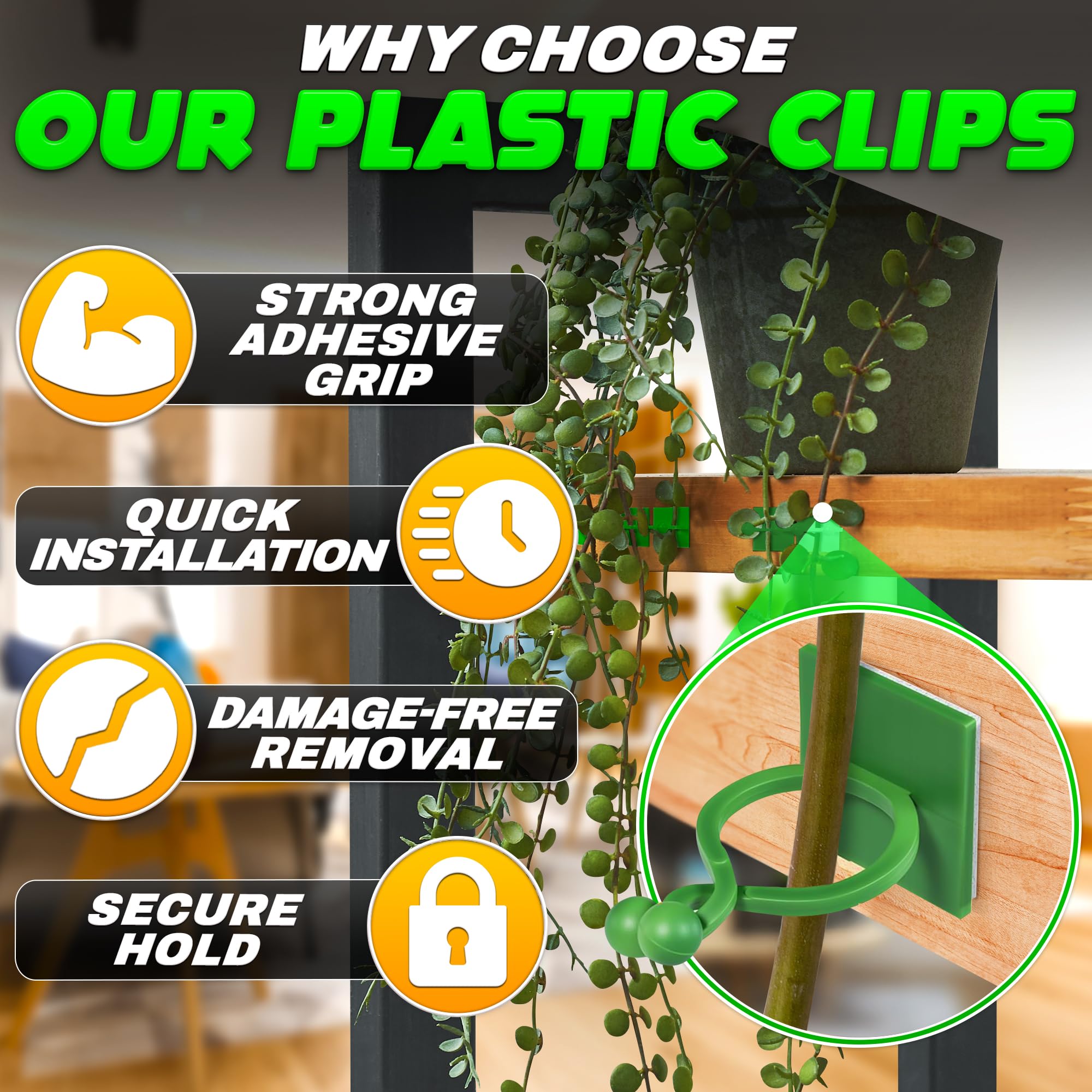 Adhesive-back clip design delivers lasting hold on smooth indoor surfaces