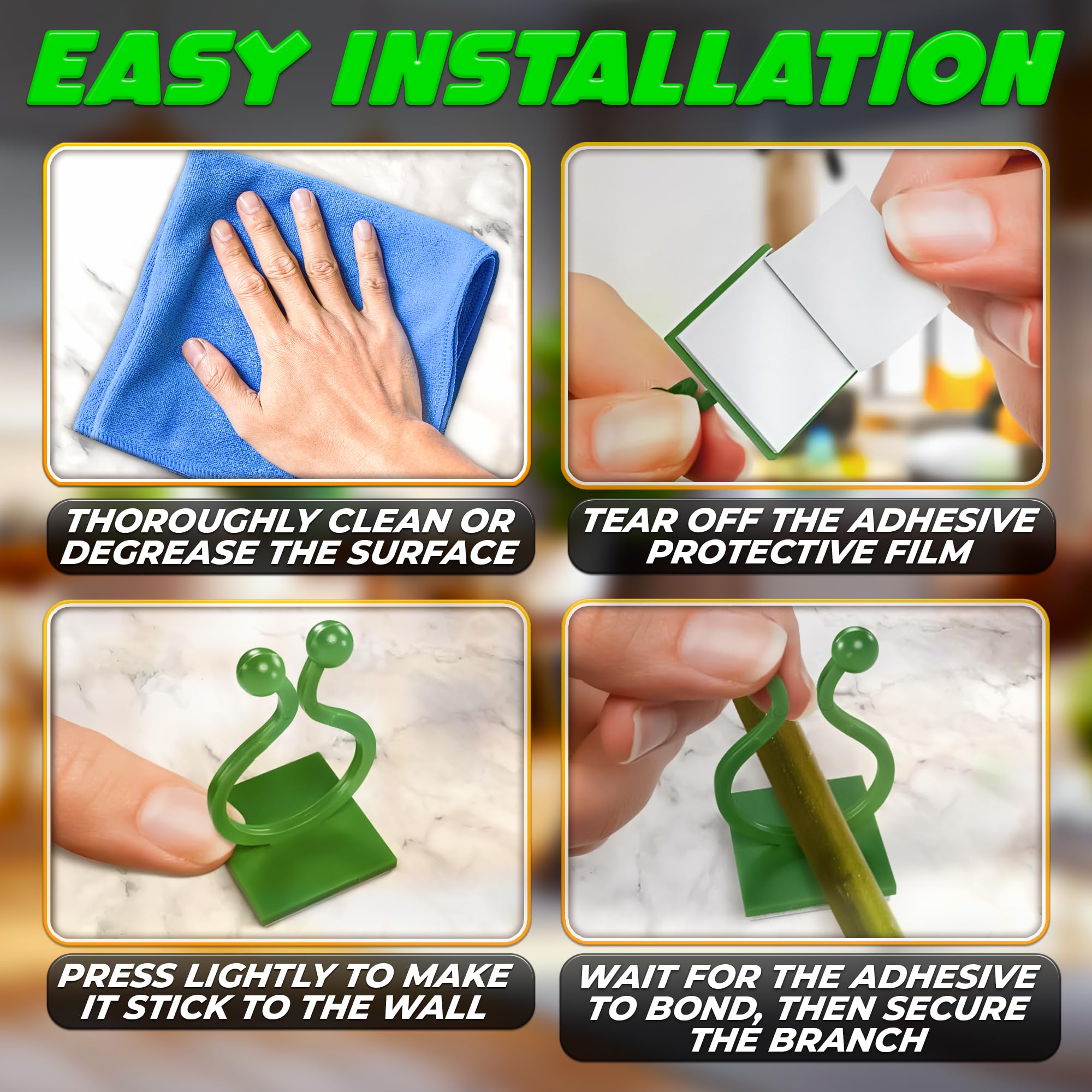 Easy installation: peel adhesive, press, and secure your climbing plants