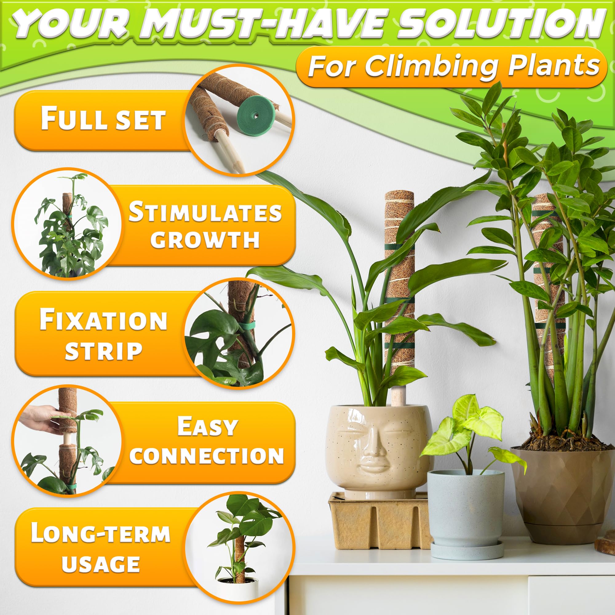 DIMROM wood-core coconut-fiber moss pole retains moisture to aid aerial roots.