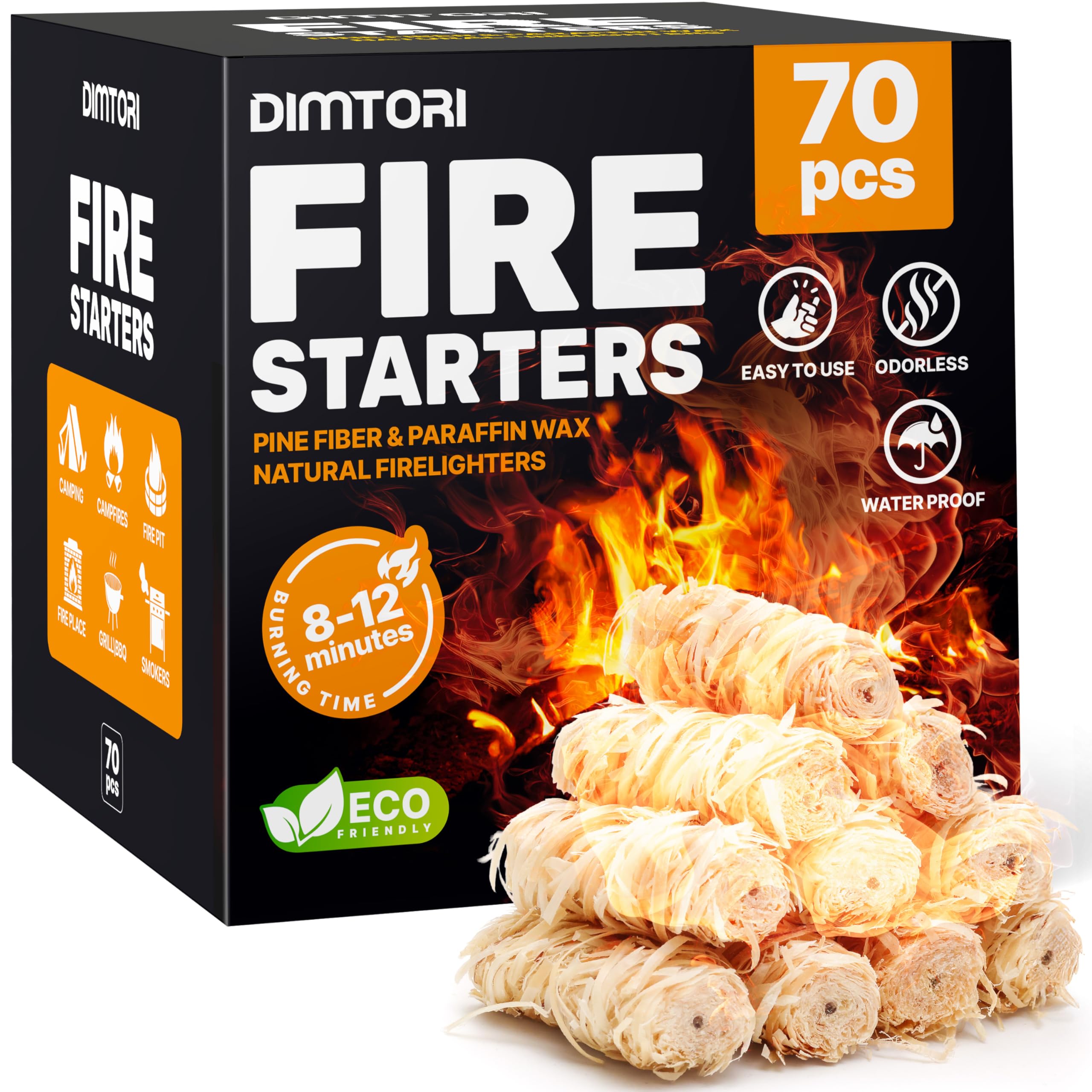 DIMTORI 70pcs fire starter packaging shown, convenient pack for quick grilling and camping prep.