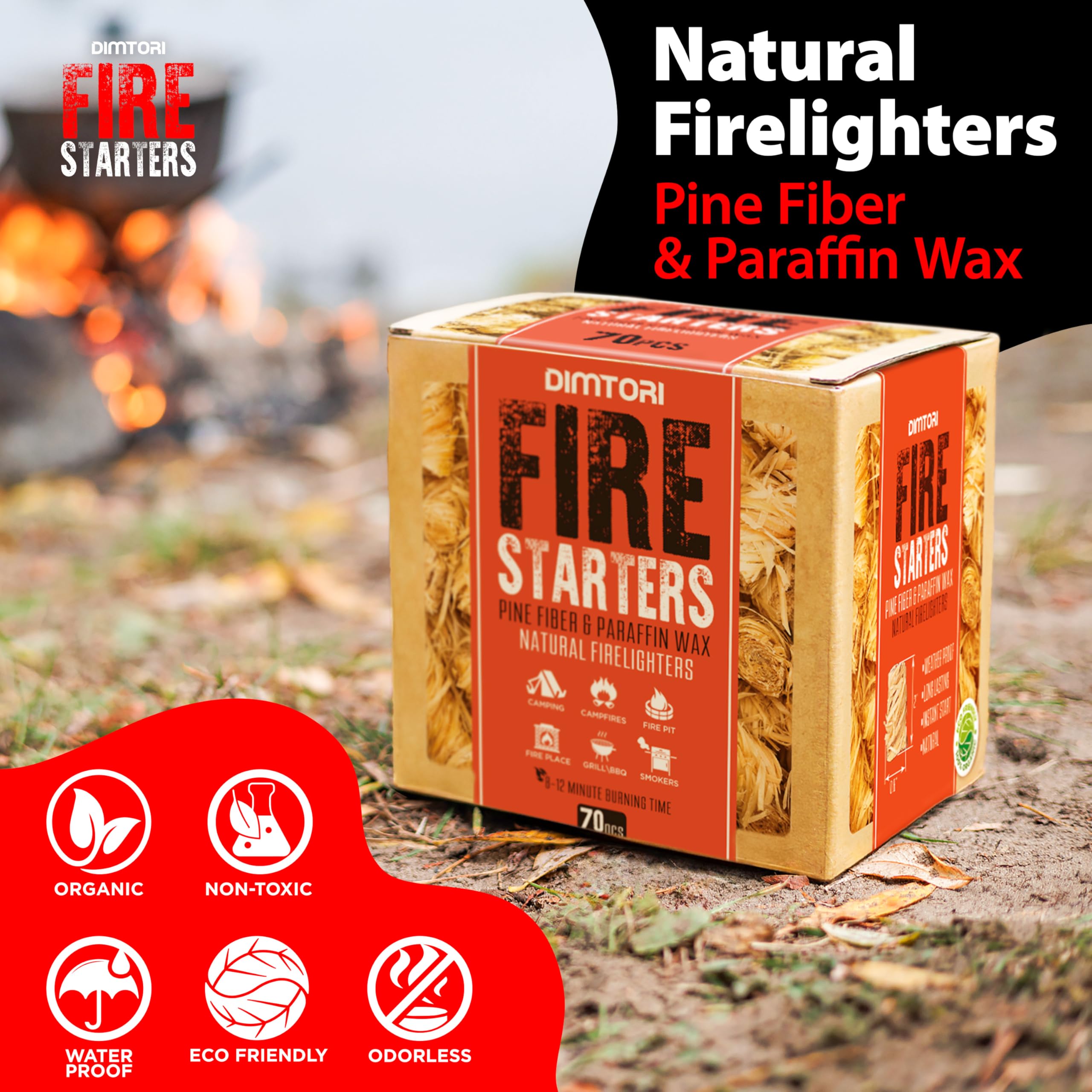 DIMTORI all-weather fire starter performs with damp or dry wood for flexible lighting.