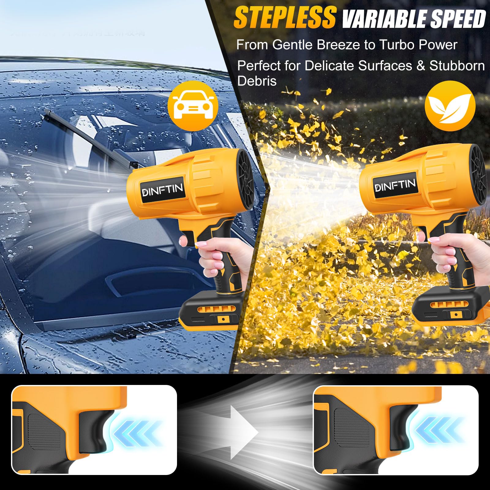 Dinftin focused air jet for faster cleaning and edge detailing.