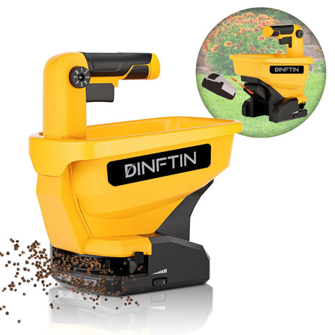 Dinftin cordless spreader with ergonomic grip for precise seed distribution.