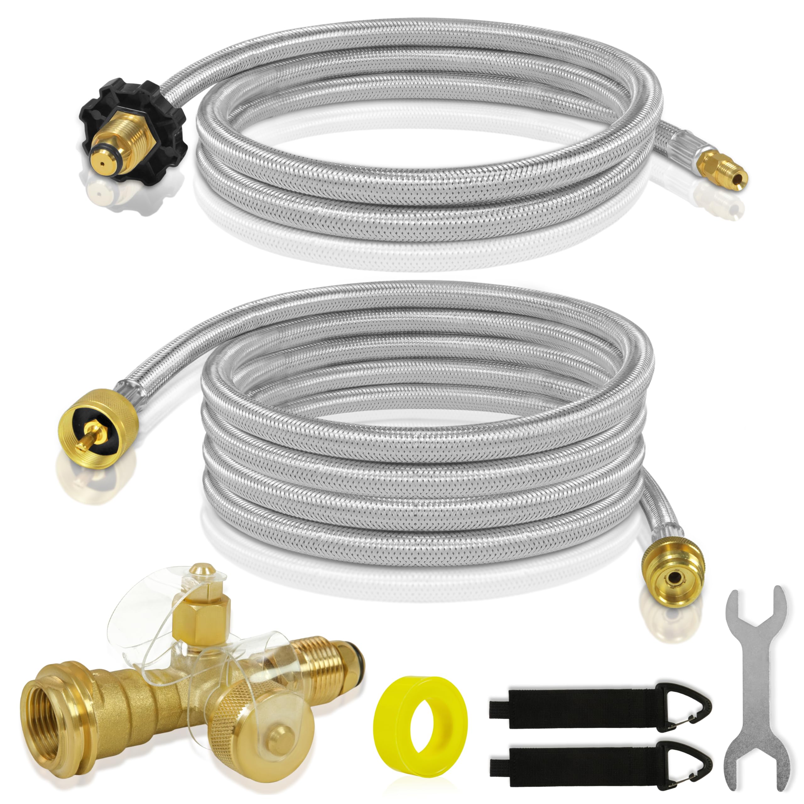 Dingbaayee Extend Stay brass tee 4-port for RVs with overflow protection and flexible connections.