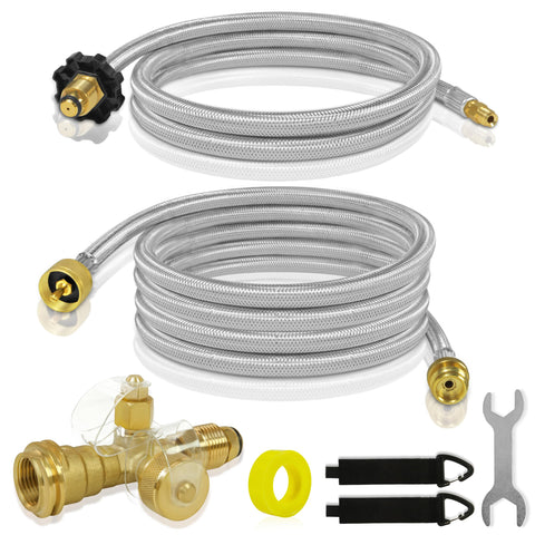 Dingbaayee Extend Stay brass tee 4-port for RVs with overflow protection and flexible connections.