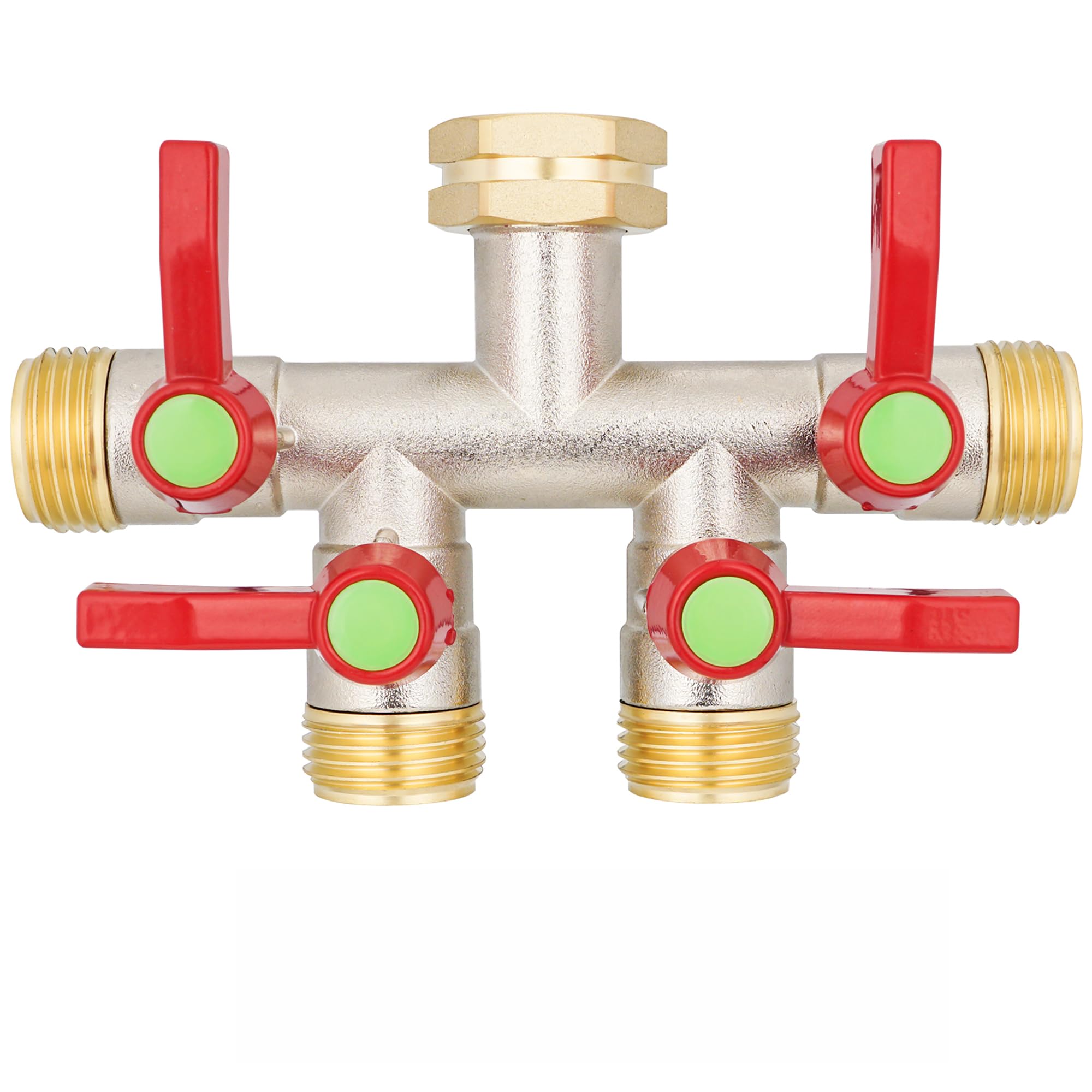 DINGBAI 4-way brass inlet showing smooth water flow for multiple hoses