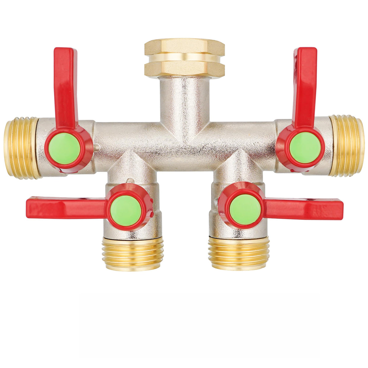 DINGBAI 4-way brass inlet showing smooth water flow for multiple hoses