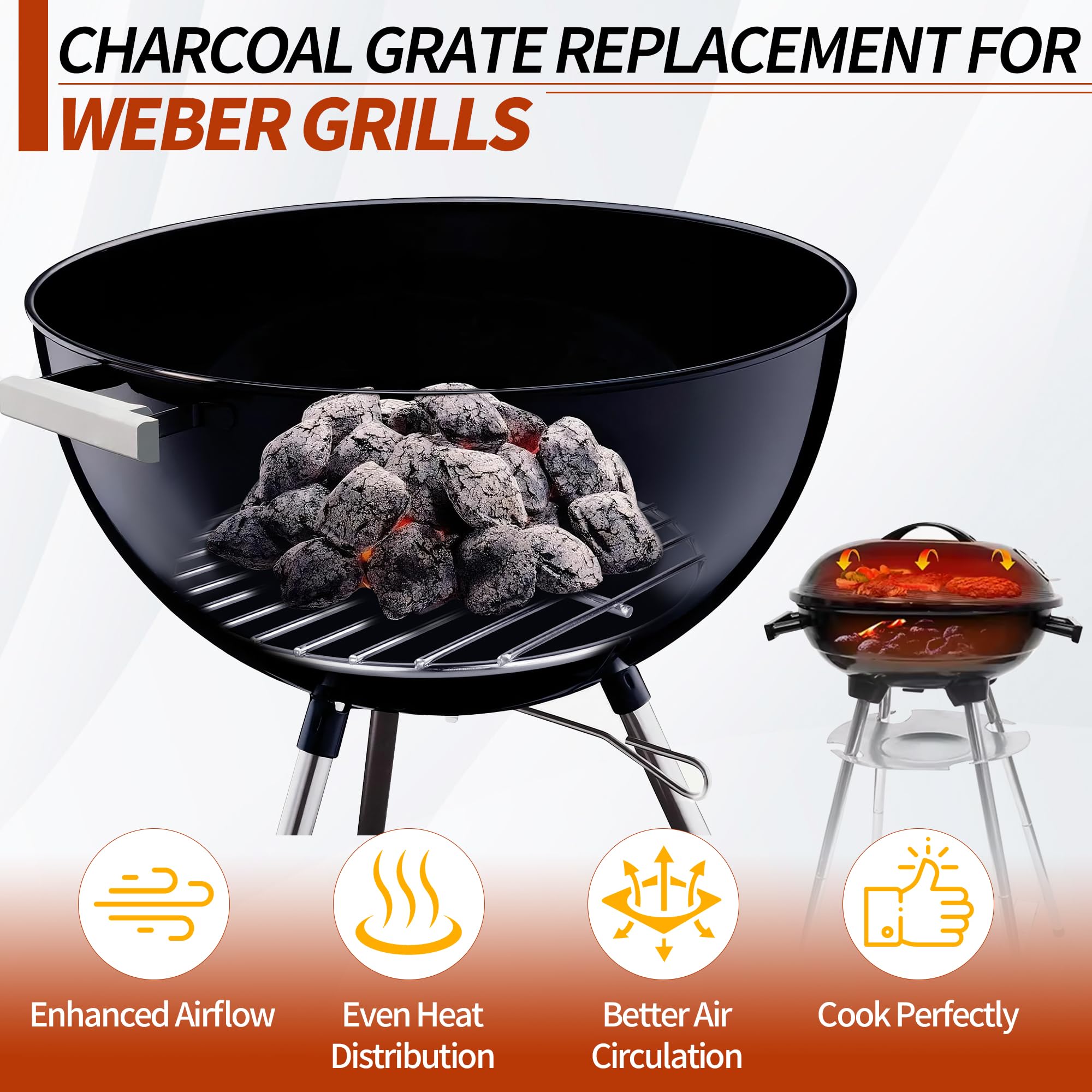 Dinlon round 14-inch grate for Weber kettle promotes uniform cooking and easy placement.