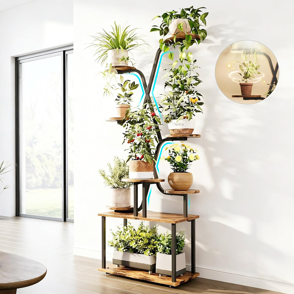 DIOOSN tall plant stand with 9-tier shelves for organized indoor greenery and space-saving display.