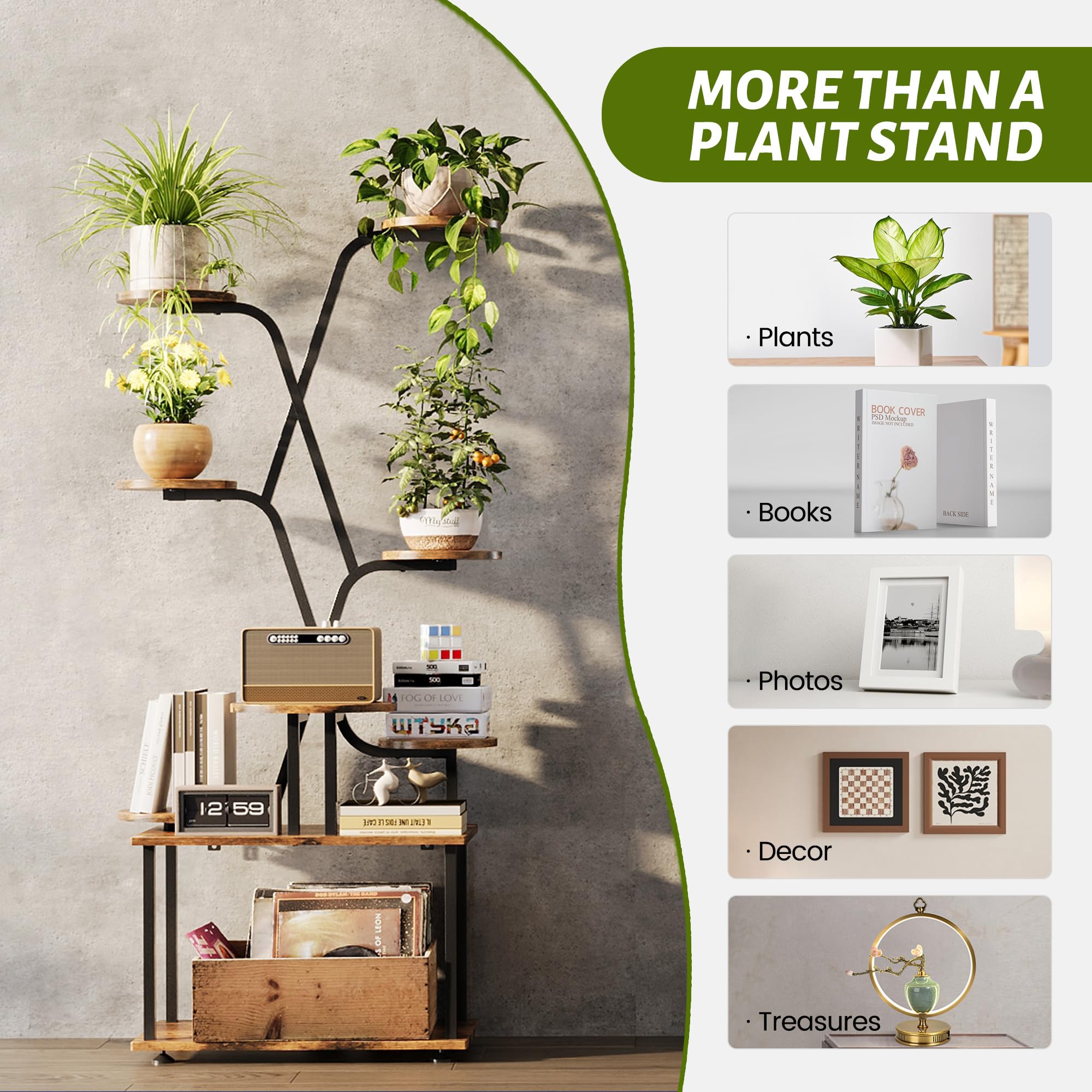 DIOOSN multifunctional stand holds plants, books, and decor.