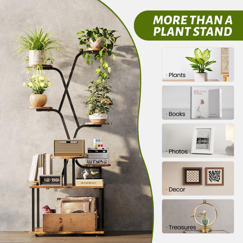 DIOOSN multifunctional stand holds plants, books, and decor.