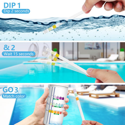 DIP & GO test strips readout confirms chlorine and alkalinity balance in spa water