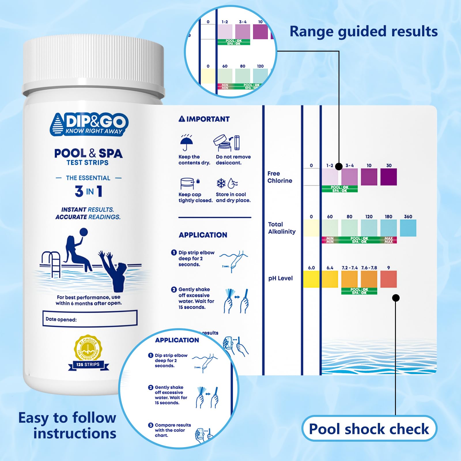 DIP & GO Spa test strips with temp-calibrated readings for warm water