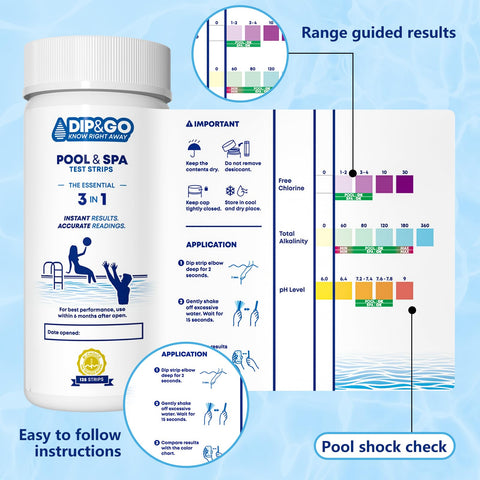 DIP & GO Spa test strips with temp-calibrated readings for warm water