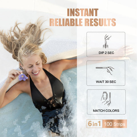 Dipstik 6-in-1 parameters indicate pH and chlorine.