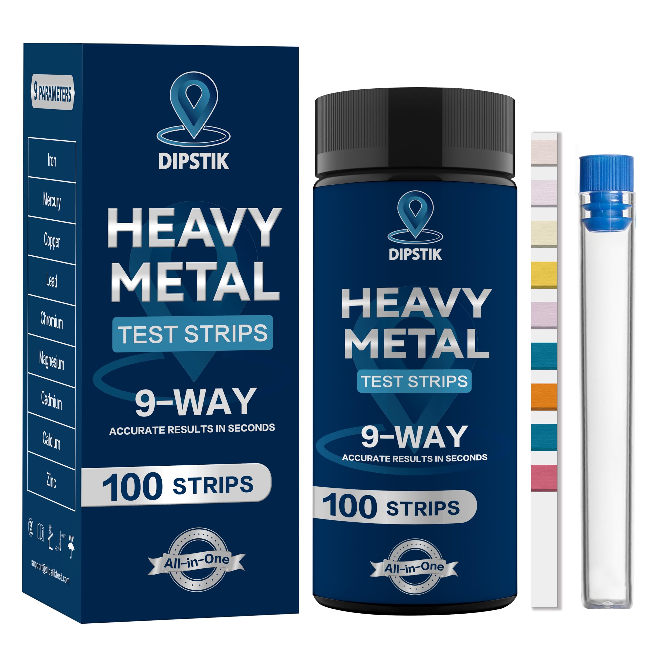 Dipstik 9-Way Heavy Metals Strip front packaging enables easy at-home testing.
