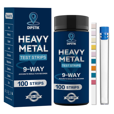Dipstik 9-Way Heavy Metals Strip front packaging enables easy at-home testing.