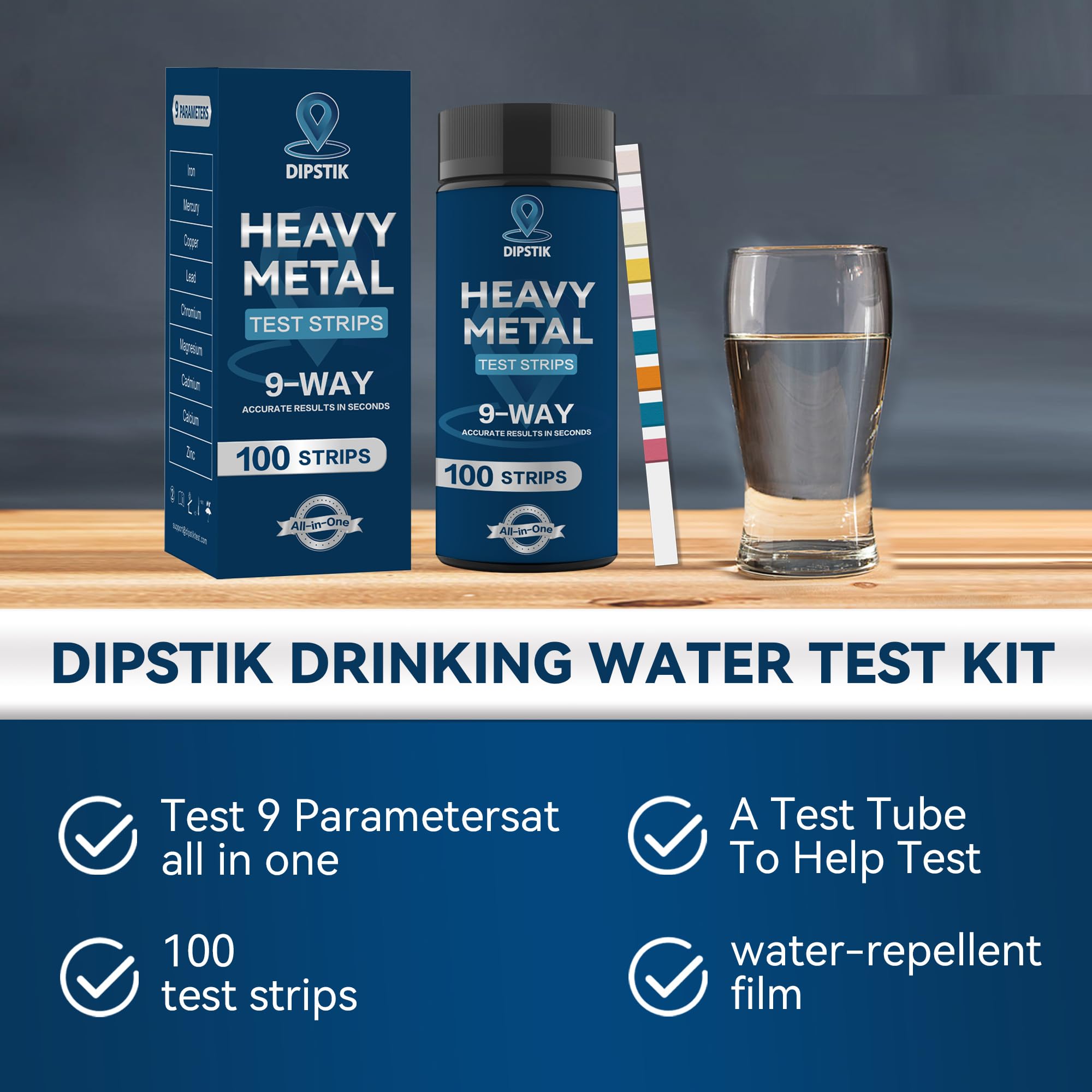 Dipstik 9-Way Heavy Metals Strip packaging and quick-start instructions.