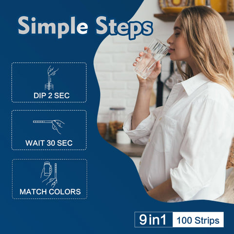 Dipstik 9-Way Heavy Metals Strip in a glass of water for testing.