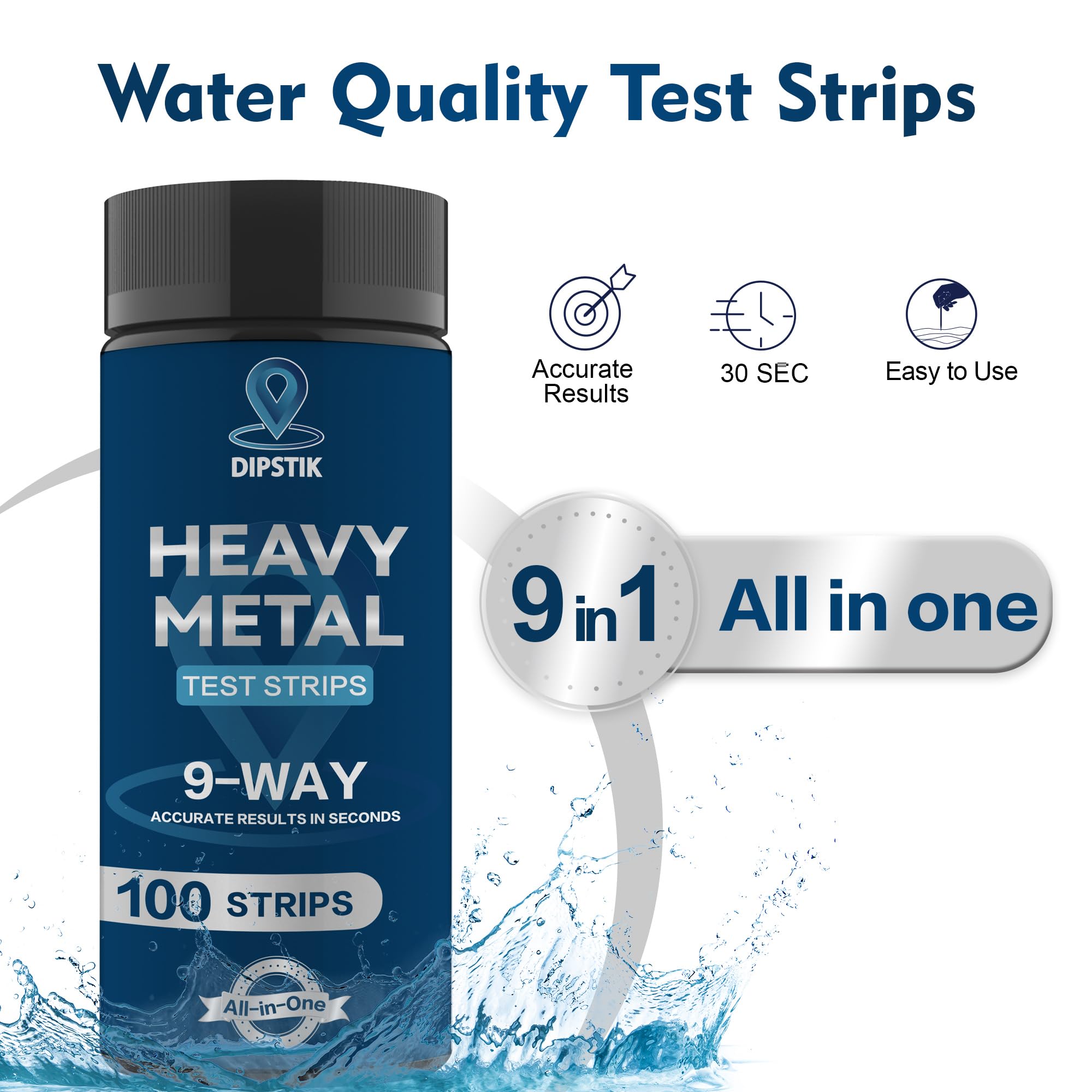 Dipstik 9-Way Heavy Metals Strip test result visual with clear indicators.