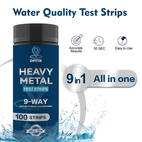 Dipstik 9-Way Heavy Metals Strip test result visual with clear indicators.