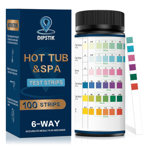 Dipstik pool and spa test strips bottle shows 6-in-1 color chart.
