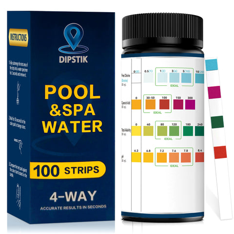 DipStik pool test strips bottle for quick water quality checks.