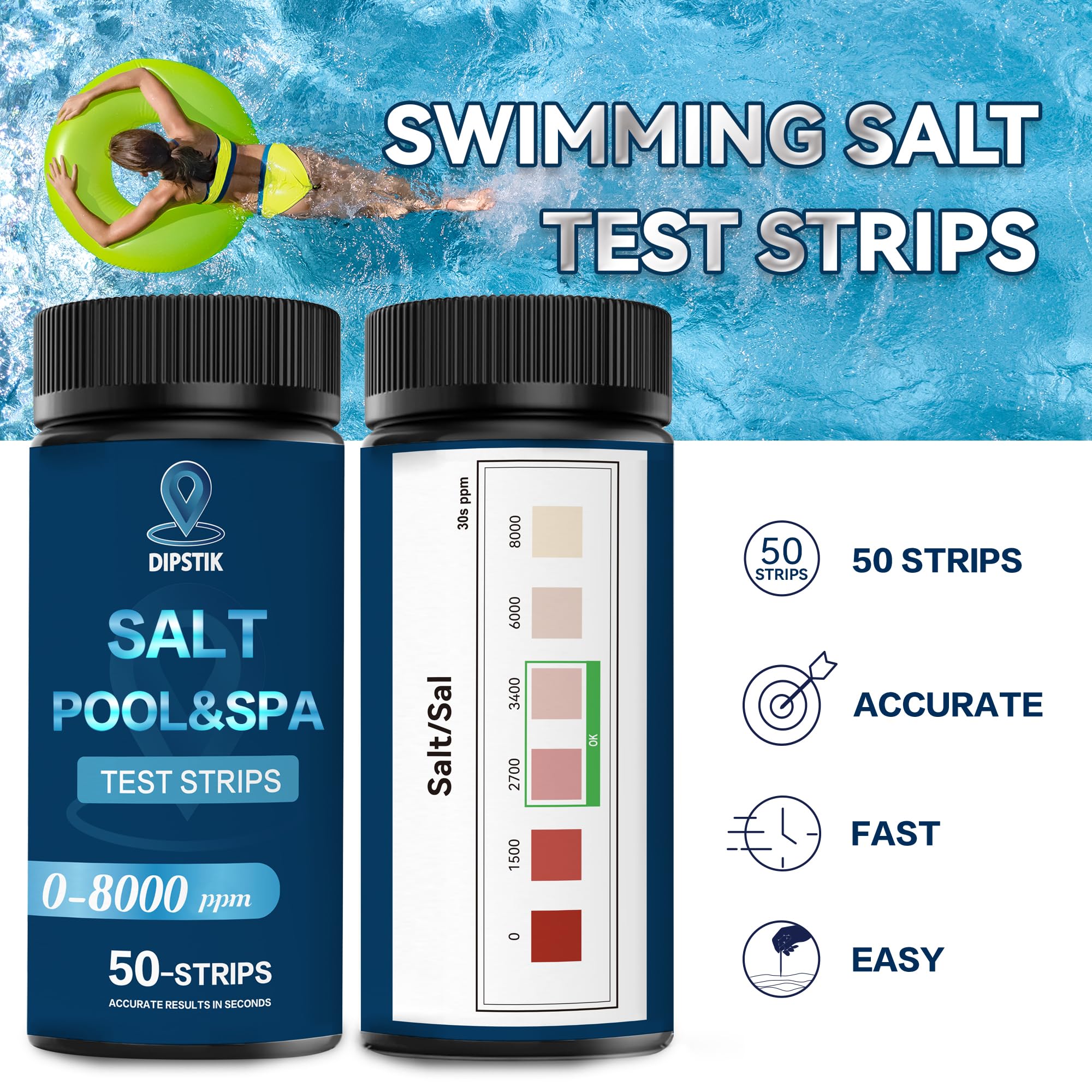 DIPSTIK saltwater test strip in water-dip technique demonstrates proper use.