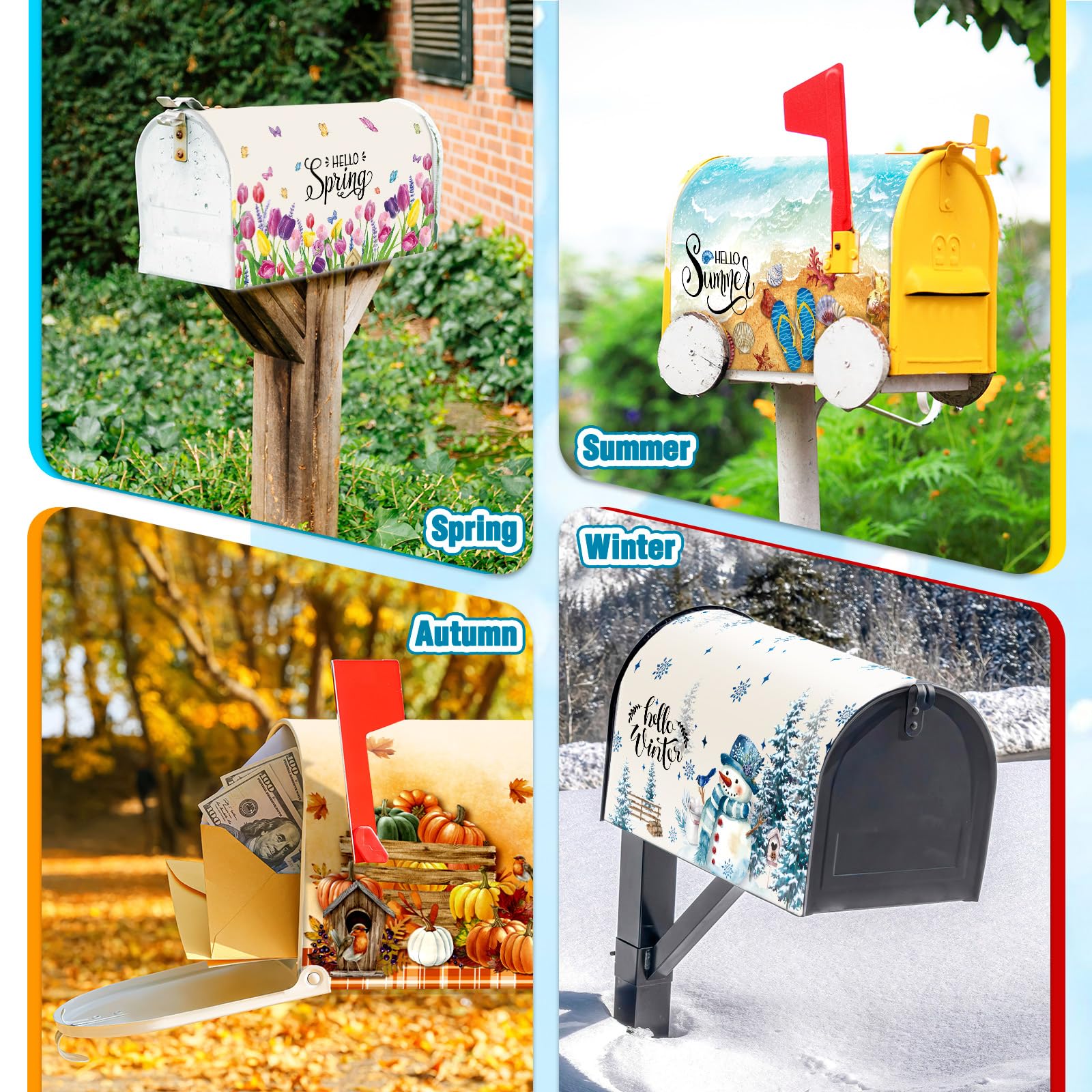Dispowreath winter mailbox cover includes snowmen and snowflakes for festive curb appeal.
