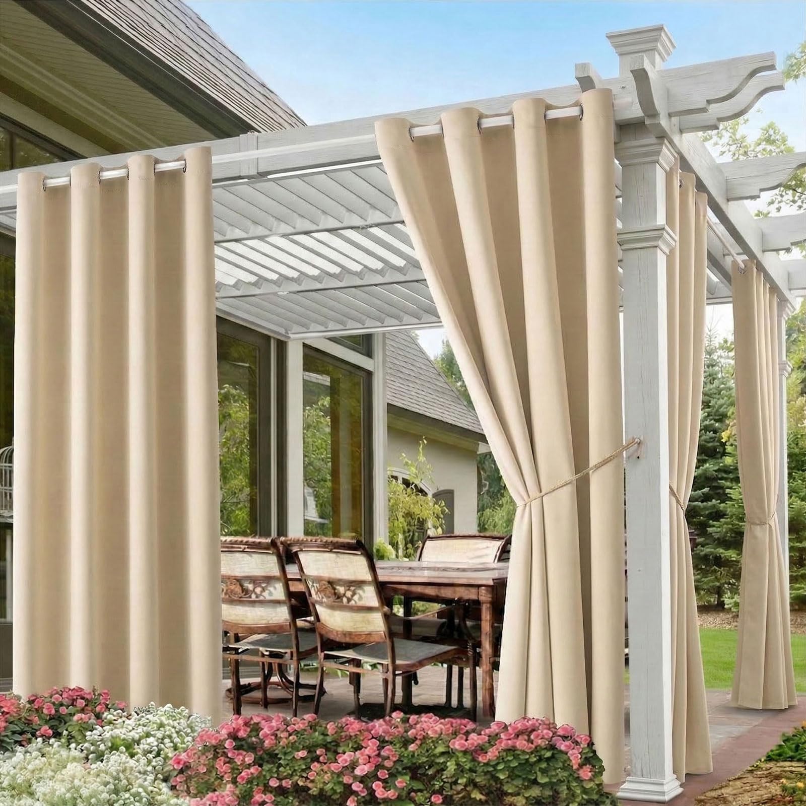 DIVA EN CAMINO DEC waterproof outdoor curtain in beige blocks sunlight on a patio.