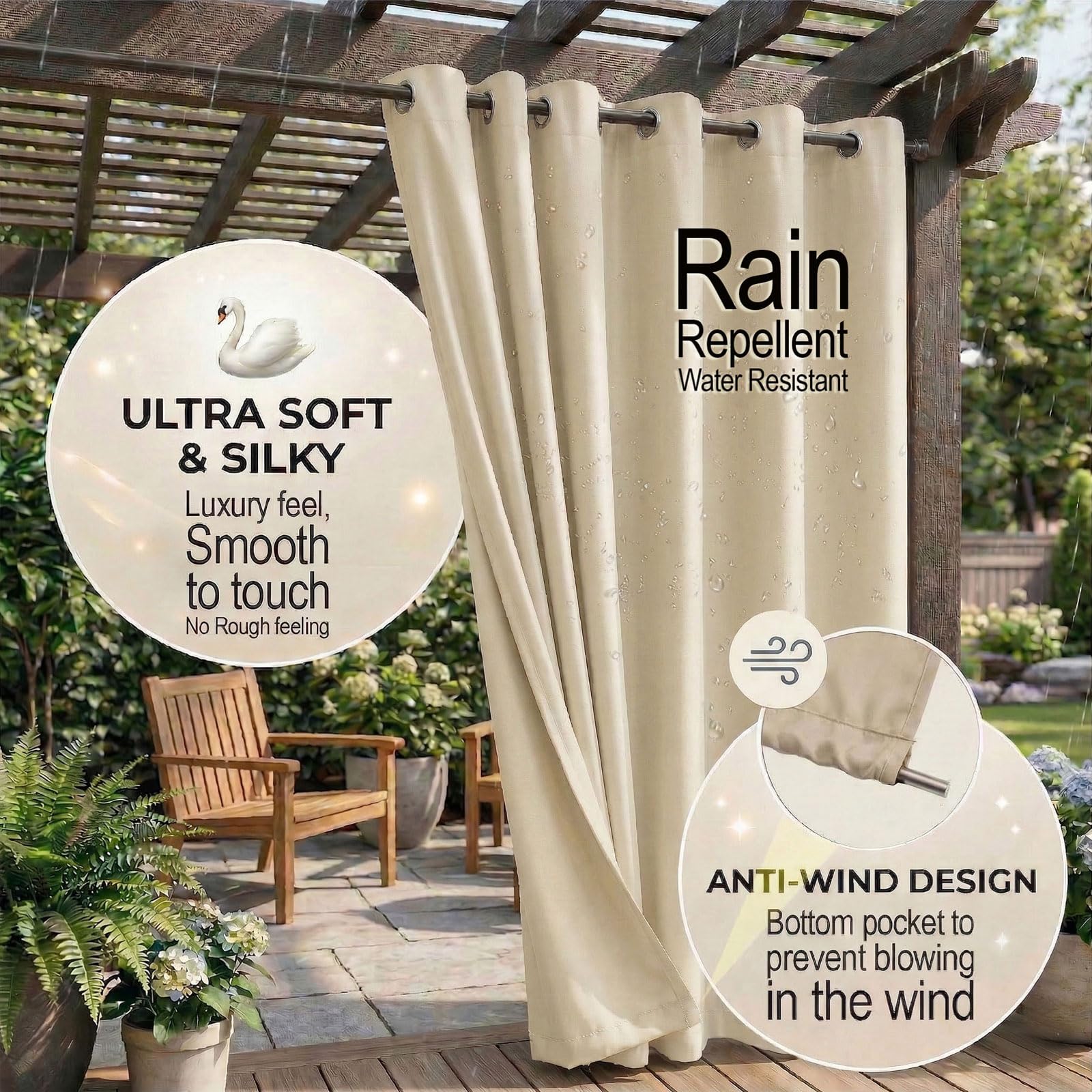 DIVA EN CAMINO DEC grommet-top beige curtain hanging on a rod.