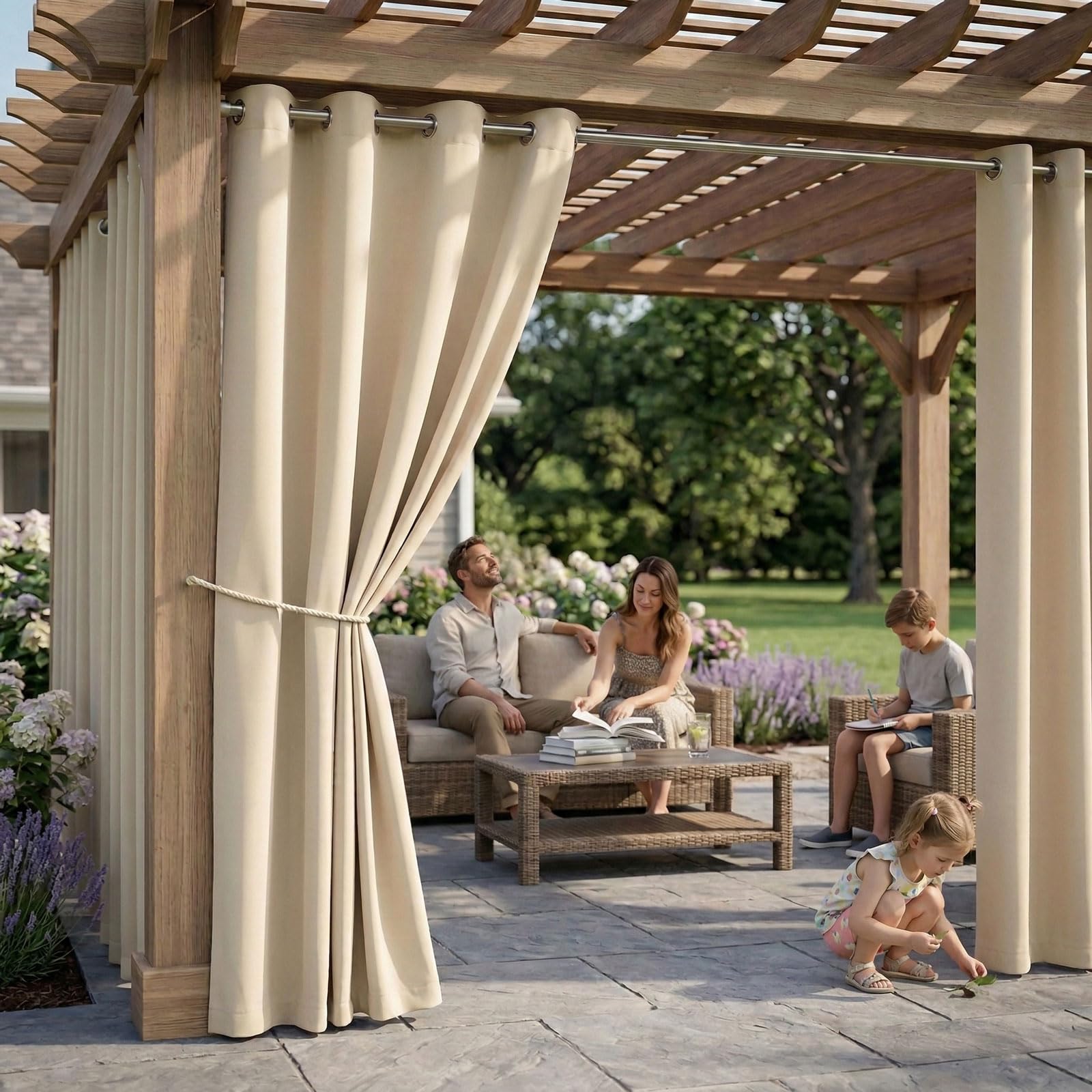 Beige DIVA EN CAMINO DEC curtain with waterproof coating for outdoor use.