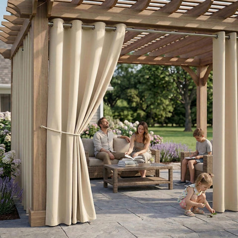 Beige DIVA EN CAMINO DEC curtain with waterproof coating for outdoor use.
