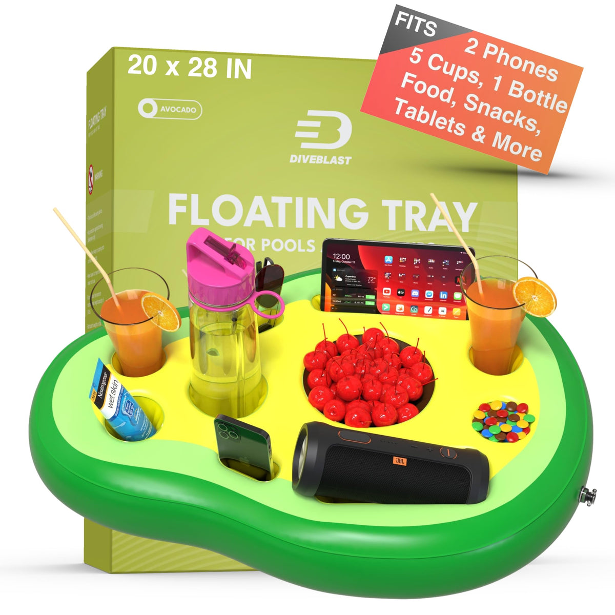 DIVEBLAST avocado floating drink holder front view showing easy reach for poolside drinks.